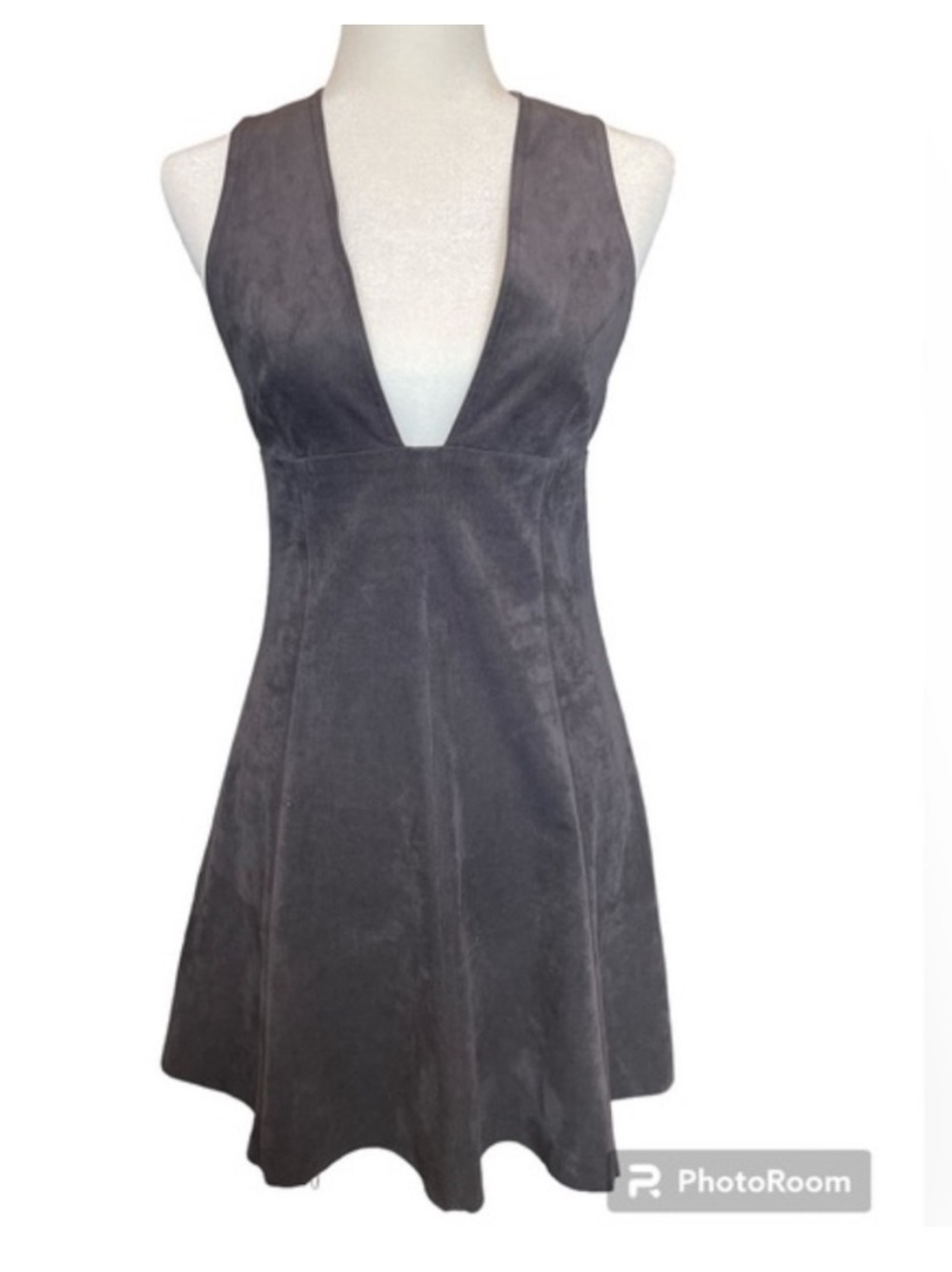 Wilfred Deep V Suede Montbrun Mini Dress in Charcoal
